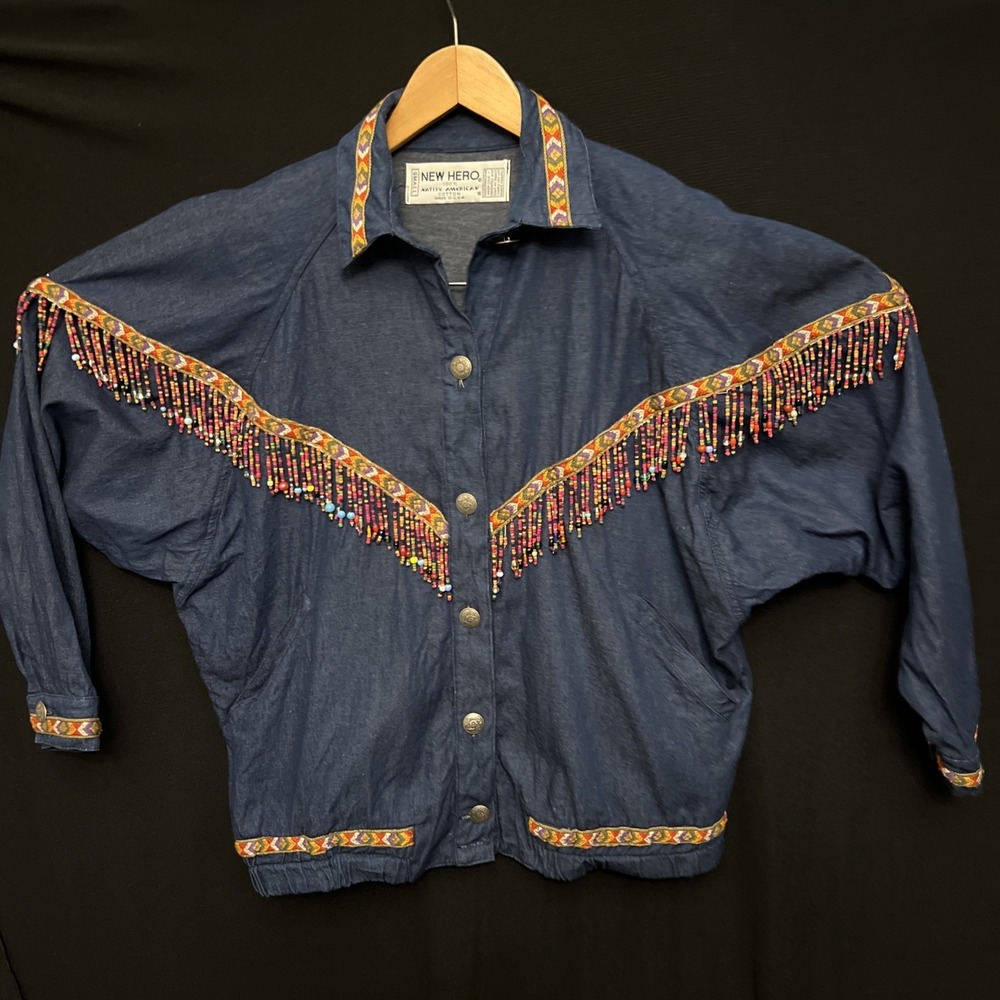 New Hero USA 100% Native American Cotton Beaded Fringe Denim Jacket Southwestern